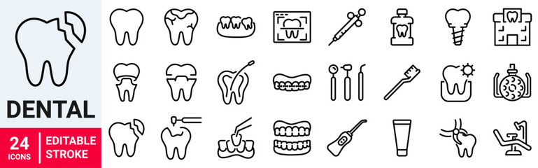 Set of 24 outline icons related to dental. Linear icon collection. Editable stroke. Vector illustration