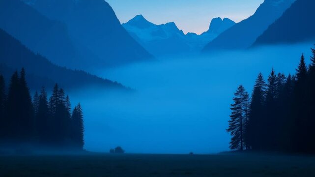 Majestic forest landscape bathed in soft blue light during twilight hours