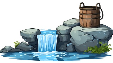 Natural well water flowing from stone boulders - Landscape image of water source in nature