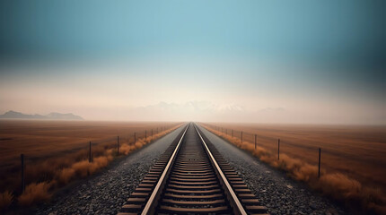 Lonely Train Tracks Through Foggy Field Leading to Snow Capped Mountains