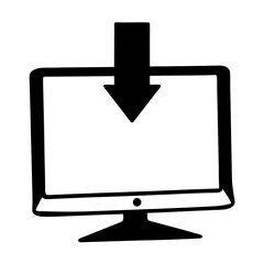 Black and white illustration of a computer with an arrow pointing down