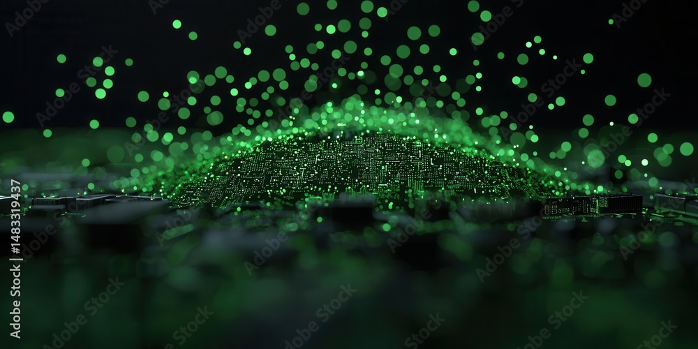 Poster a digital landscape illuminated by hundreds of glowing green data points representing a bustling net