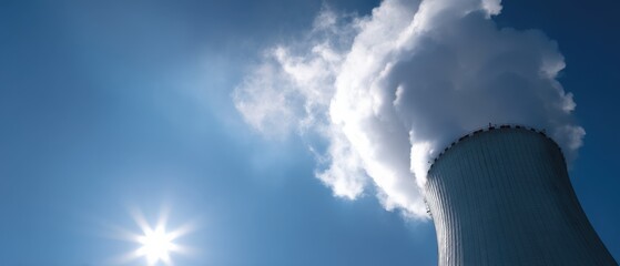 Low angle view of Nuclear Power Plant Cooling Tower with steam against a clear blue sky and sunburst, concept of energy production and environmental impact