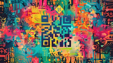 Abstract artwork featuring a vibrant QR code