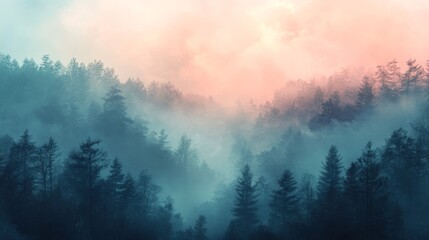 Fototapeta premium Misty mountain valley, shrouded in soft, pastel hues.