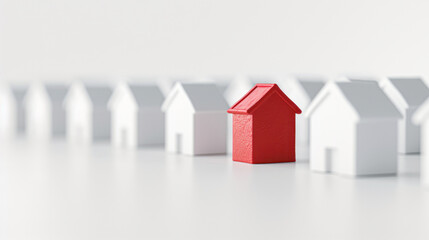 A single red house stands out among several white houses, emphasizing uniqueness and individuality in a neighborhood.