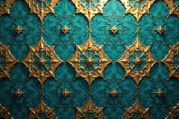 Geometric teal and gold intricate tile pattern, endless repeat, elegant, seamless, luxury