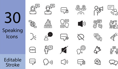 30 Editable Speaking Icons: Communication, Speech, and Presentation Vector Set