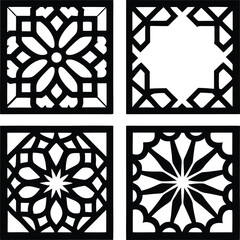 Elegant geometric pattern design comprising four different detailed abstract decorative floral elements
