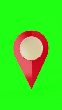 3d render of big red navigating location map pin popping up and flipping app full rotation, animation maps marker shining on green screen vertical background motion graphics element 
