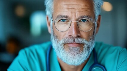 An elderly healthcare expert with a distinguished beard and glasses looks directly into the camera, radiating professionalism