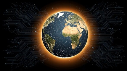 Obraz premium above circuit board with glowing network routes linking continents