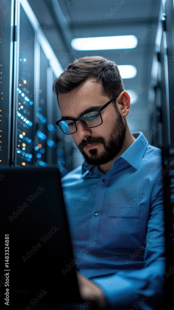 Poster a focused it professional works on a laptop in a modern server room surrounded by data racks and bli