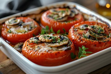 Colorful baked tomatoes are filled with mushrooms and fresh herbs, arranged neatly in a white dish. This dish showcases a rustic kitchen atmosphere, emphasizing comfort and wholesome cooking