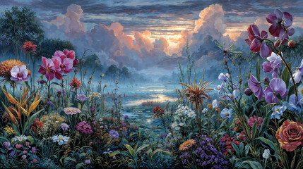 A lush array of flowers in radiant bloom lines a misty lake at dusk