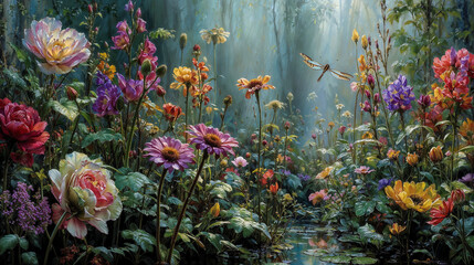 In a forest glade, radiant flowers reach skyward in a burst of color and life.