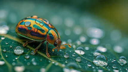 A dazzling jewel-like beetle, adorned with glistening raindrops, explores the surface of a leaf.