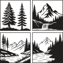 Obraz premium Black and white illustrations of nature scenes featuring trees mountains and waterways