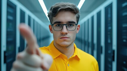 A young man in a yellow shirt and glasses stands in a server room, pointing forward with a focused expression.