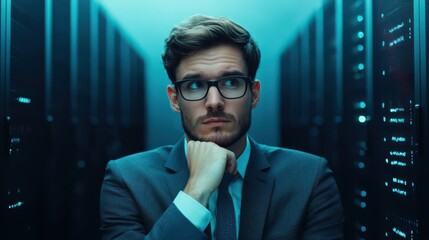 A thoughtful man in a suit sits in a server room, surrounded by computer racks, appearing deep in consideration.
