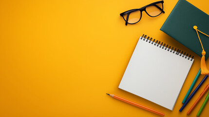 Graduation cap, stack of books, glasses and pencils on yellow background. University education concept