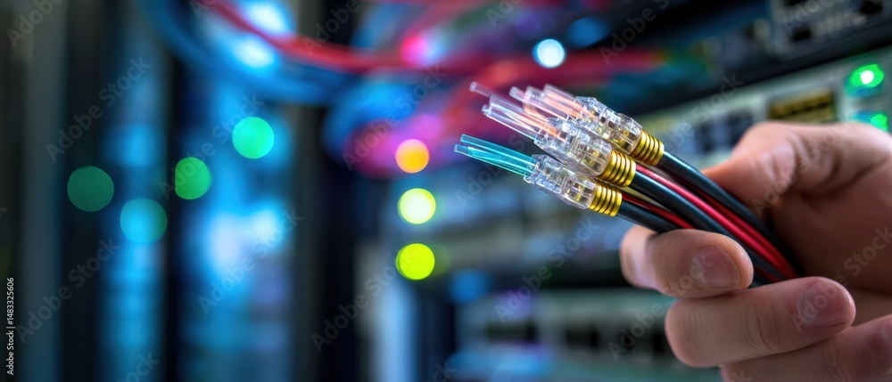 Poster technician holding fiber optic cables in data center for network connection and high speed internet 