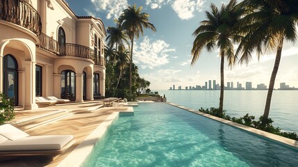 Fototapeta premium Luxury Villa with Infinity Pool Overlooking Ocean and City Skyline Under Blue Sky