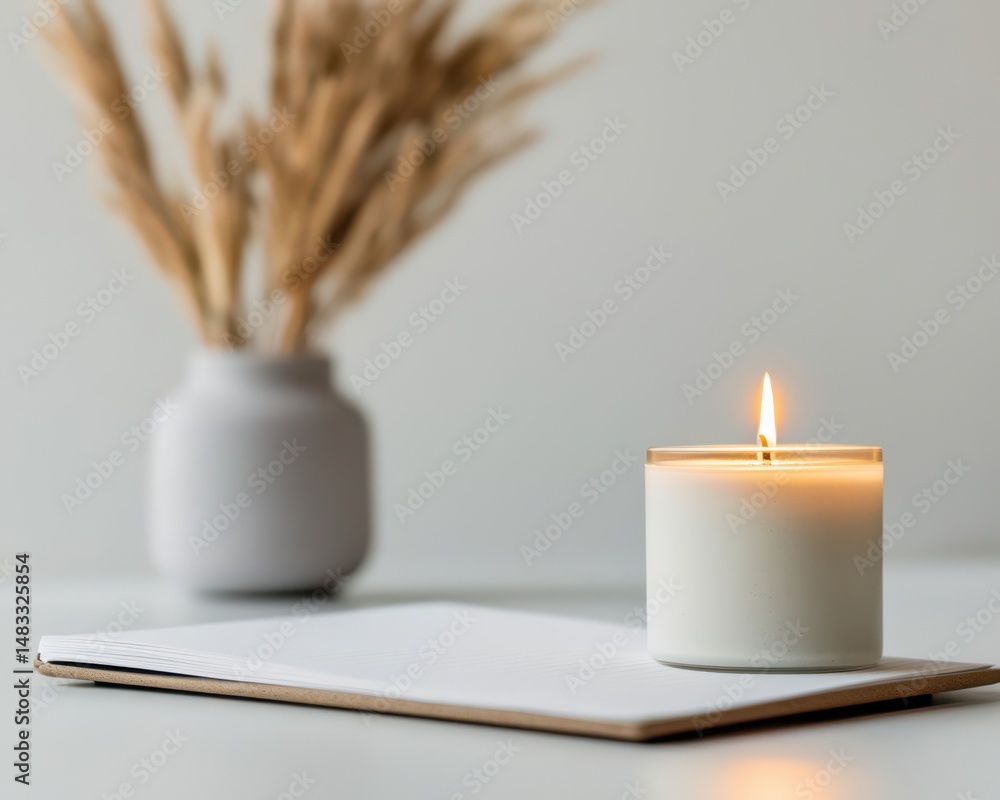 Poster a lit candle sits on a notebook beside a vase of dried wheat, creating a calm and minimal workspace.