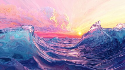 Abstract seascape of colorful, textured waves at sunset.