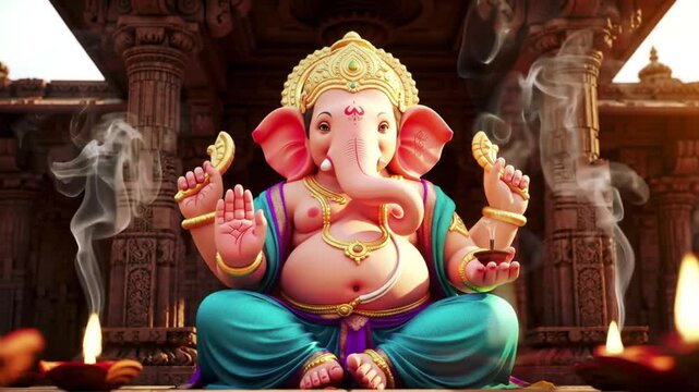 Hindu deity ganesha illustration with candles and decorative pillars