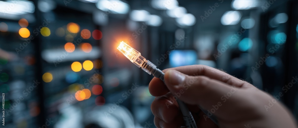 Poster man holding glowing ethernet cable in server room concept of network connection, data center, and in