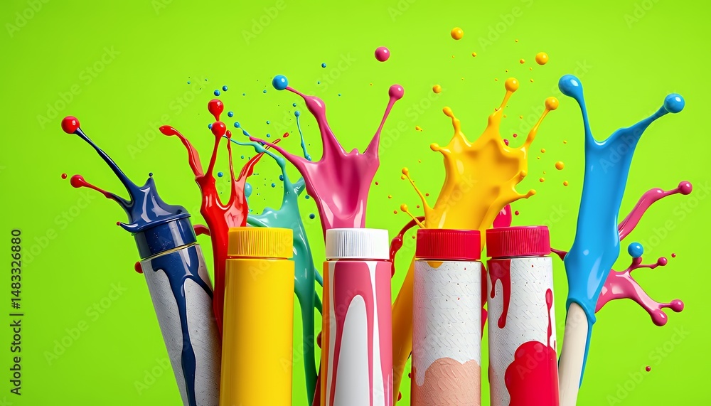 Poster dynamic color paint splashes isolated on green screen background
