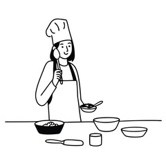 woman-housewife-wear-apron-chef-s-hat-standing-hol.eps