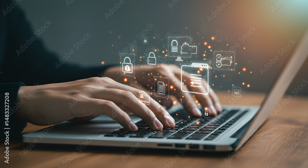 Aufkleber hands typing on laptop keyboard with floating digital icons on wood table against gray background
