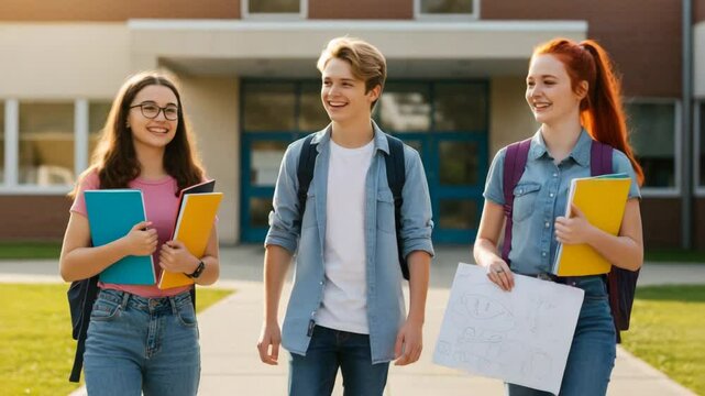 Three smiling students walking outside school building carrying books and backpacks on a sunny day