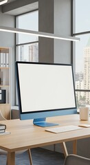 Obraz premium Modern Office: Desk, Computer, City View