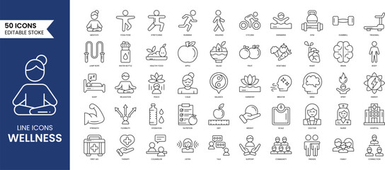 Wellness line editable icon set. Healthcare icon set featuring mental health, work-life balance, self-love, meditation and more. Vector illustration