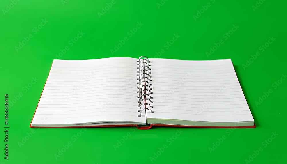 Poster open spiral notebook with blank pages isolated on green screen background