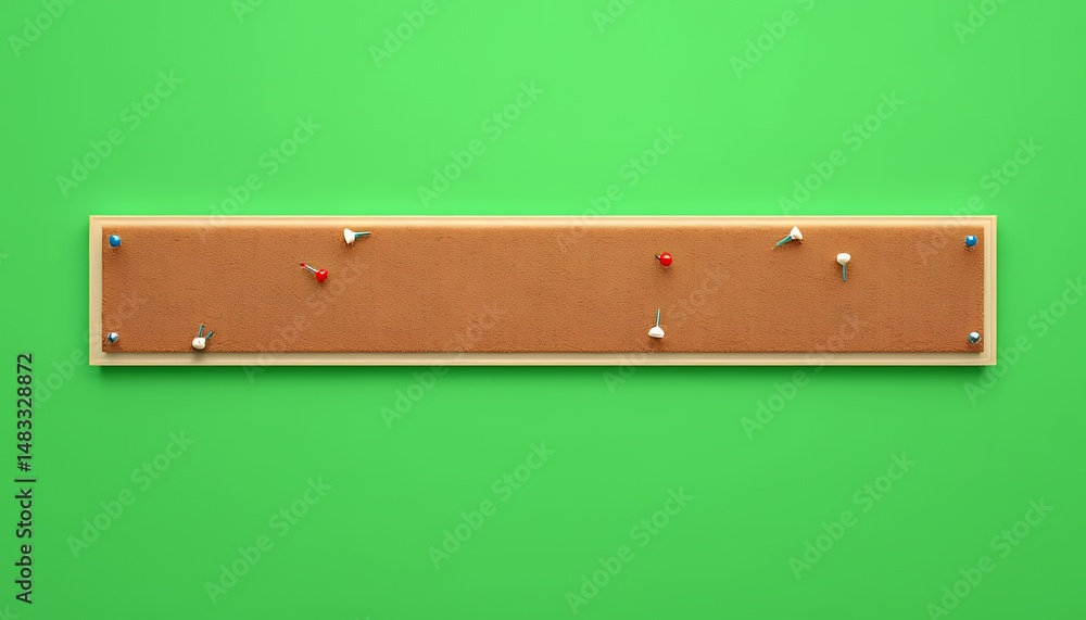 Poster rectangular cork board with push pins isolated on green screen background for easy compositing