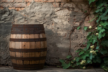 Fototapeta premium Weathered barrel beside a cracked brick wall, surrounded by creeping vines, with a blank, rustic backdrop for copy space