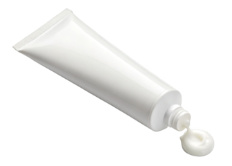 Tube of hand cream squeezed slightly with cream coming out isolated on a transparent background.