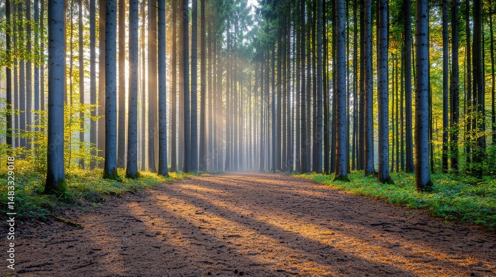Poster sunlight filters through tall pine trees lining a tranquil forest path, casting long shadows on the 