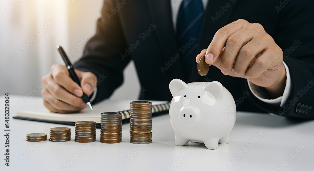 Poster man in dark suit adding coin to white piggy bank near increasing coin stacks with notepad on bright 