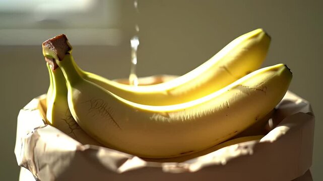 Water being poured over bananas in a brown paper bag