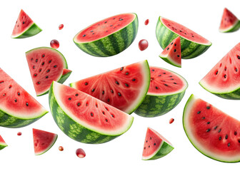  Watermelons falling mid-air isolated on a transparent background.