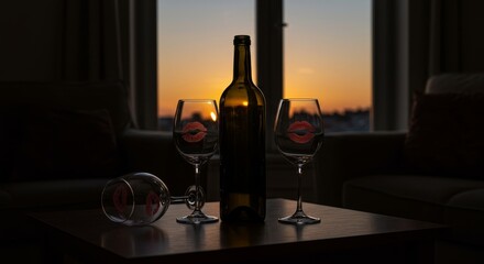 After party scene: Lipstick marks, empty wine bottle and sunset view still life
