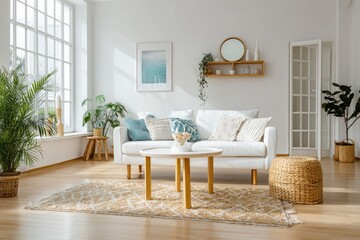 Obraz premium Bright Modern Scandinavian Living Room — Minimalist Interior with Cozy Decor and Natural Light