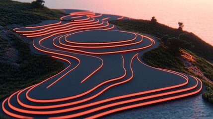 Conceptual futuristic landscape design with luminous pathways on the terrain