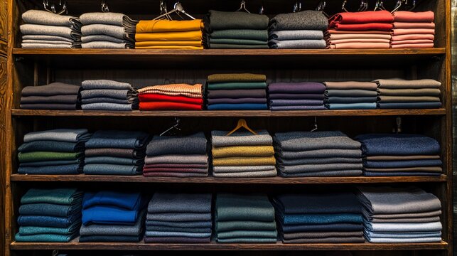 Shelves filled with folded and hanging sweaters