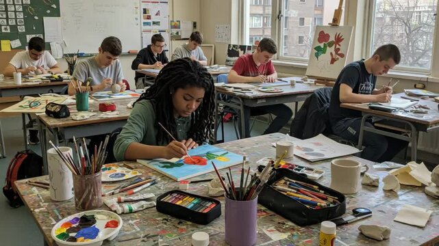Students painting in a classroom with art supplies and natural light from the window visible behind them